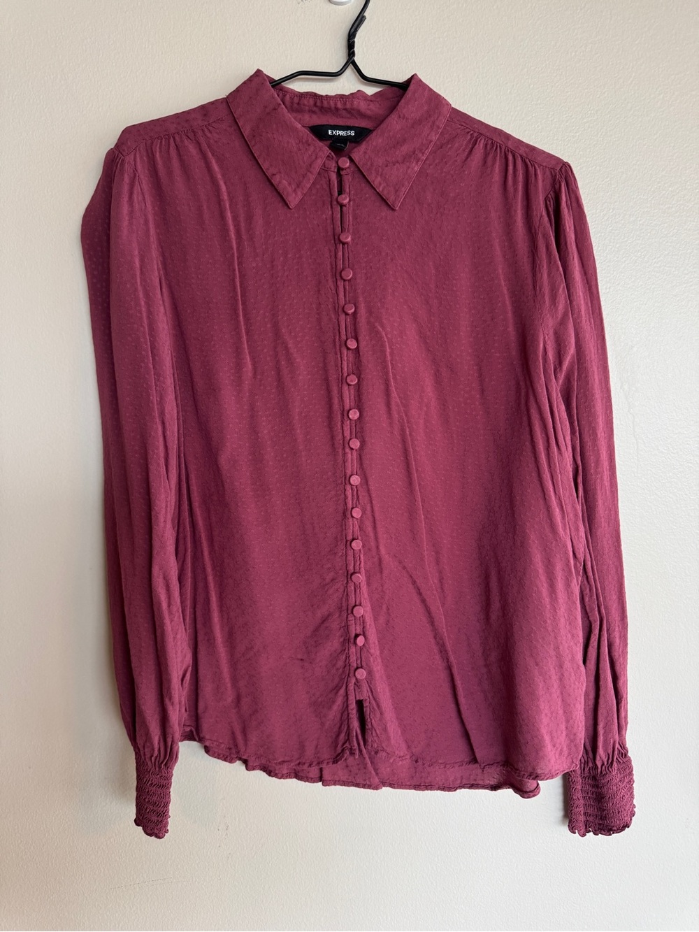 Express Plum Purple Muave Button Down Blouse Size Large L Long Sleeve Boho